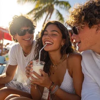 Three young people sitting and laughing together with a glass of Tios.