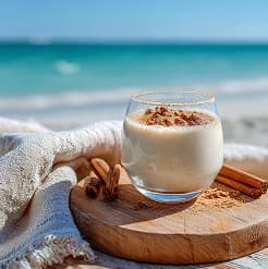 A glass of Tios with cinnamon sits on a wooden plate. A towel is spread under the plate with the ocean in view behind.